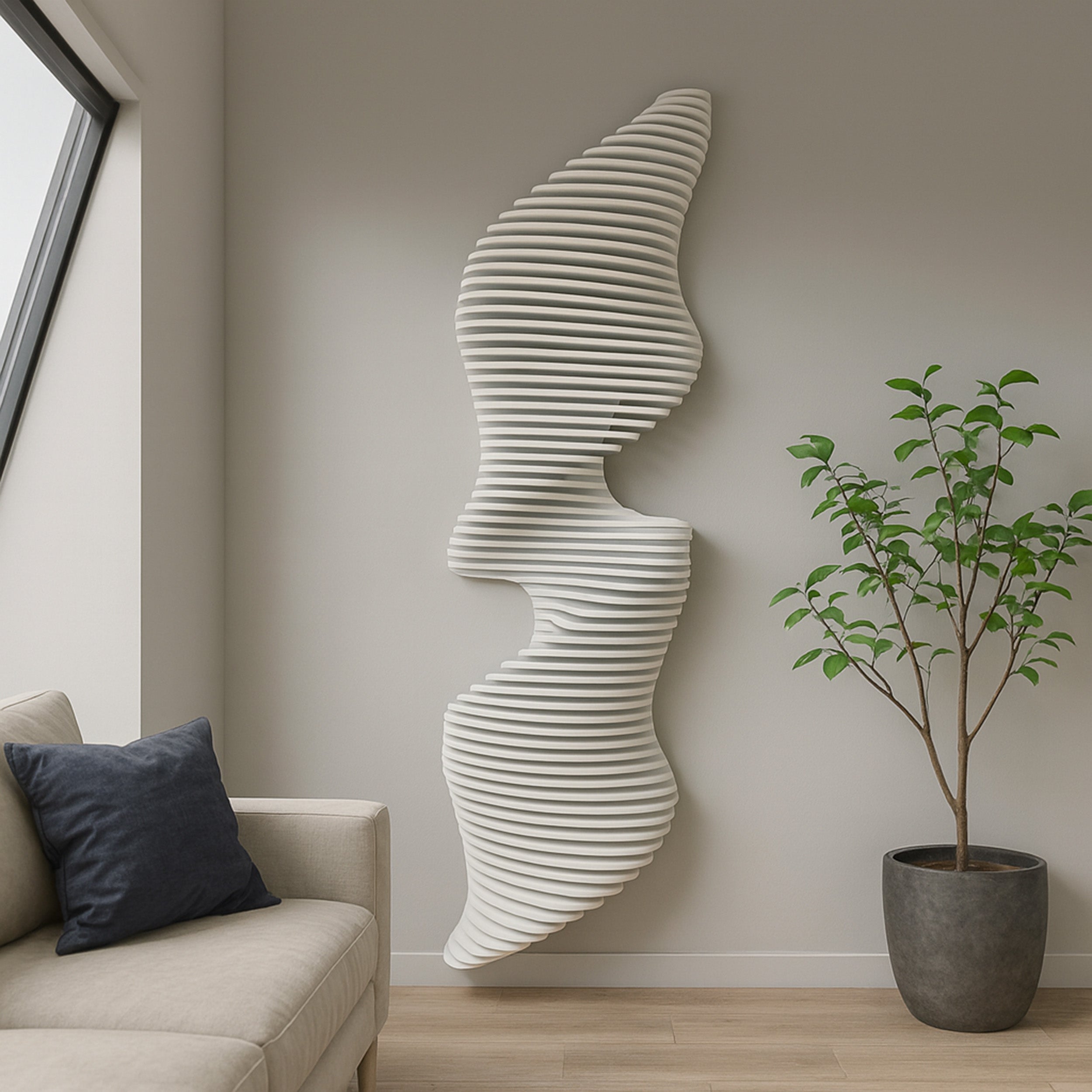 Decorative wall sculpture in a living room with a plant and sofa.