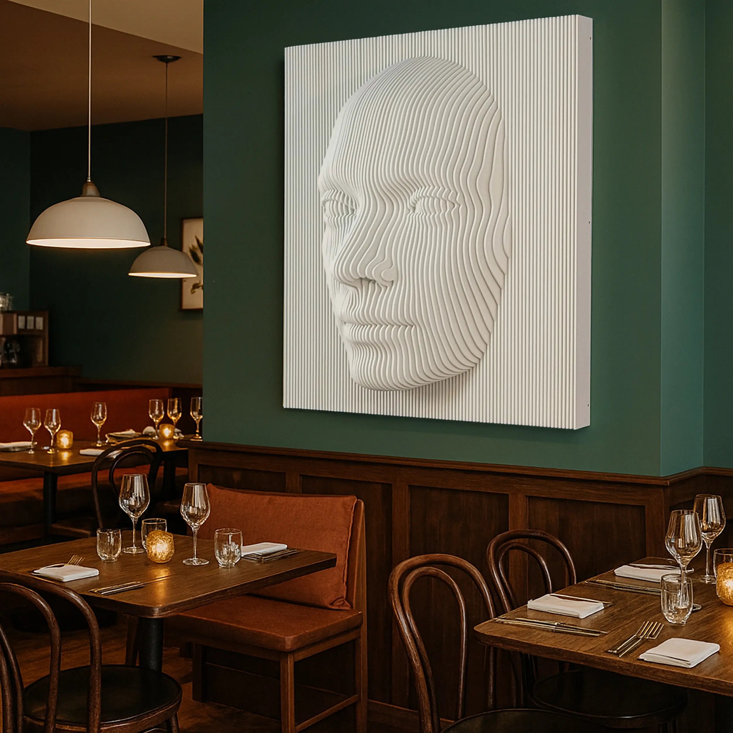 Dining area with a wall-mounted abstract sculpture of a face.
