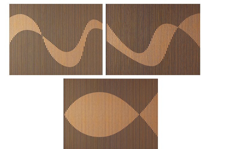 Three woven placemats with wavy and fish designs on a striped background