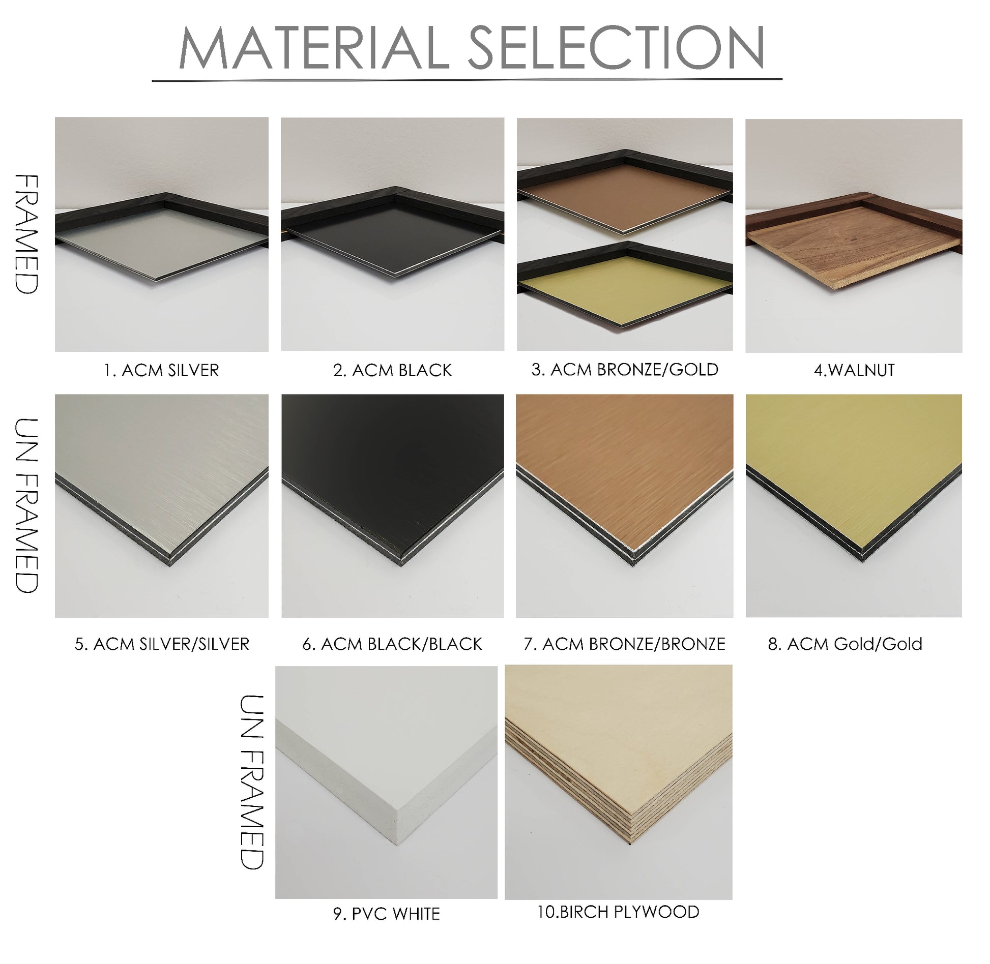 Material options, PVC, Aluminum Composite, Birch plywood
